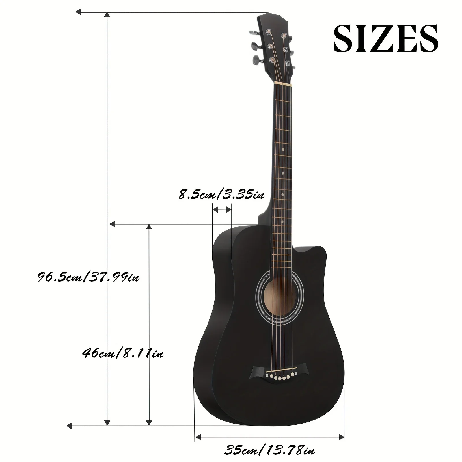 38 Inch Black Acoustic Guitar Beginner Kit, Basswood Panel With Matte Finish, ABS Nut, Includes Bag, Picks, Strings, And Strap