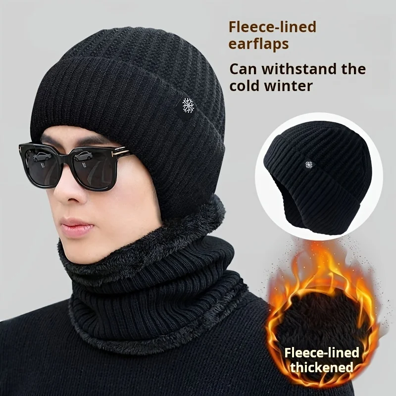 Men Winter Beanie Hat Scarf Set Fleece Lined Ear Protection Knitted Hat Neck Warmer 2Pcs Thermal Warm Set For Cold Weather