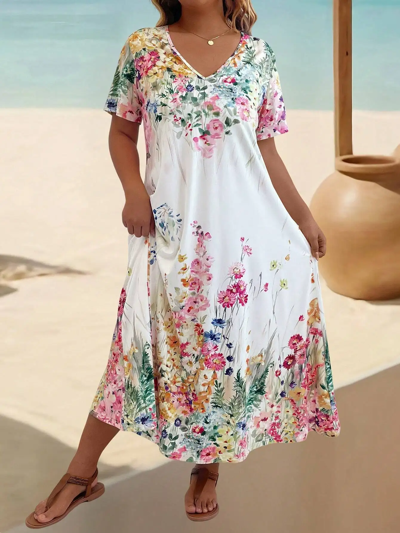 

Plus Size V-Neck Short Sleeve Floral Print Loose Summer Dress