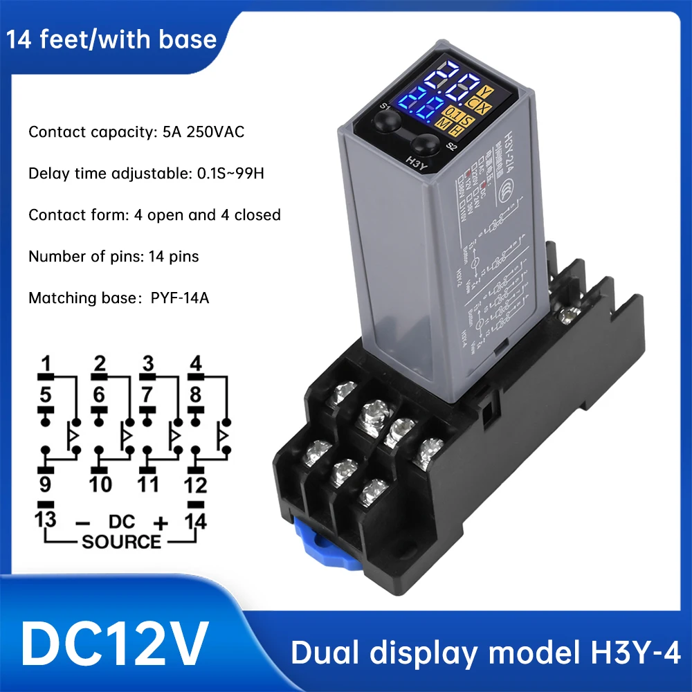 H3Y-4 LCD Display Delay Relay DC12V DC24V AC220V Power-on Delay Controller Time Relay Electronic Timer Relay with Base Socket