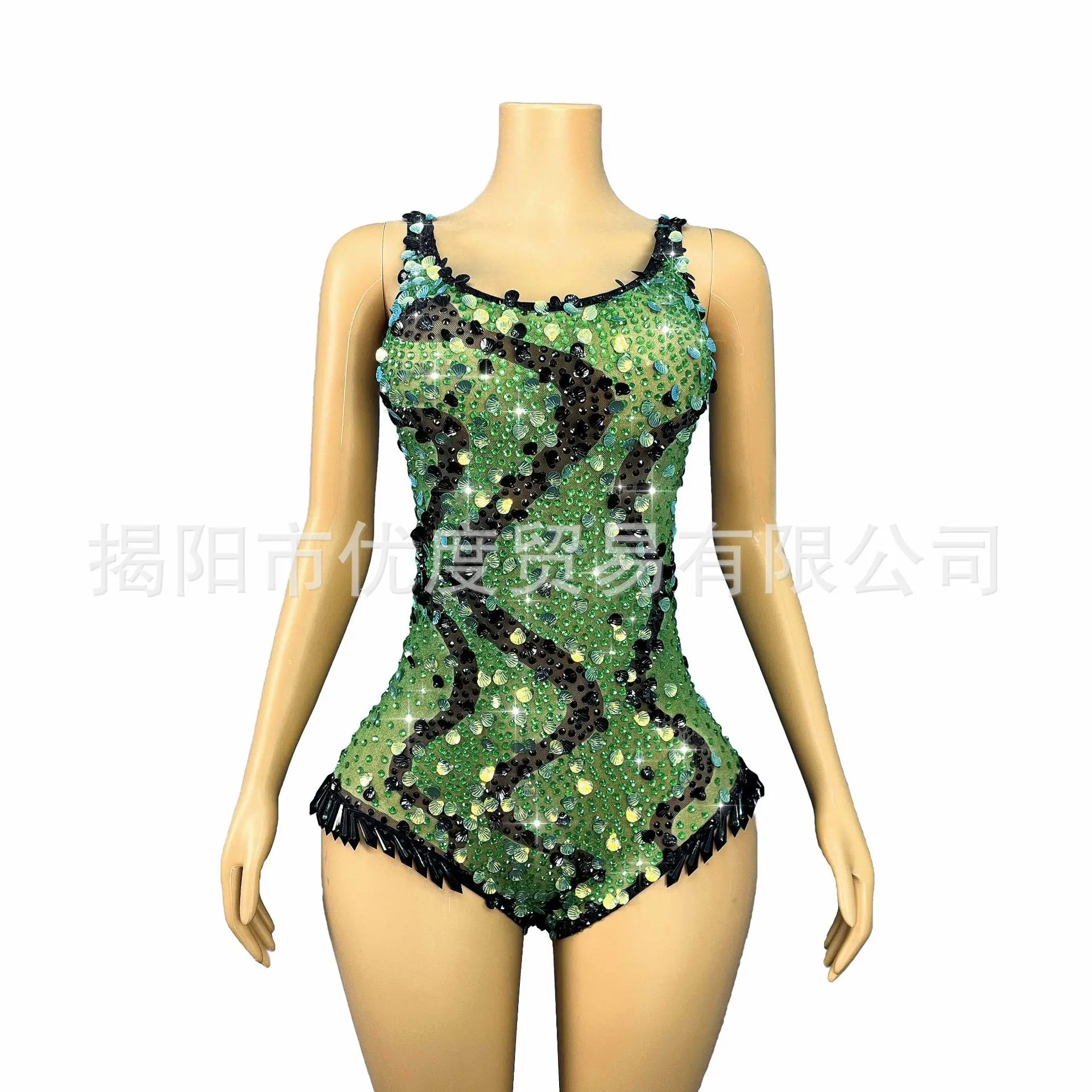 المغني مطرزة حجر الراين قطعة واحدة عالية شوكة المرحلة دعوى قذيفة الزخرفية الرقص دعوى الحلاقة الخضراء ملابس الحفلات فستان للنساء