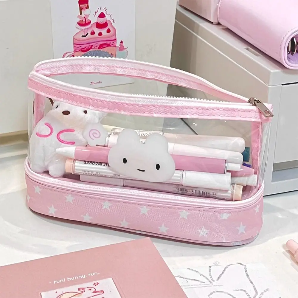 Pink Star Rabbit Pattern Pen Bag Double Layers Transparent Pencil Case Vertical Base Large Capacity Stationery Organizer