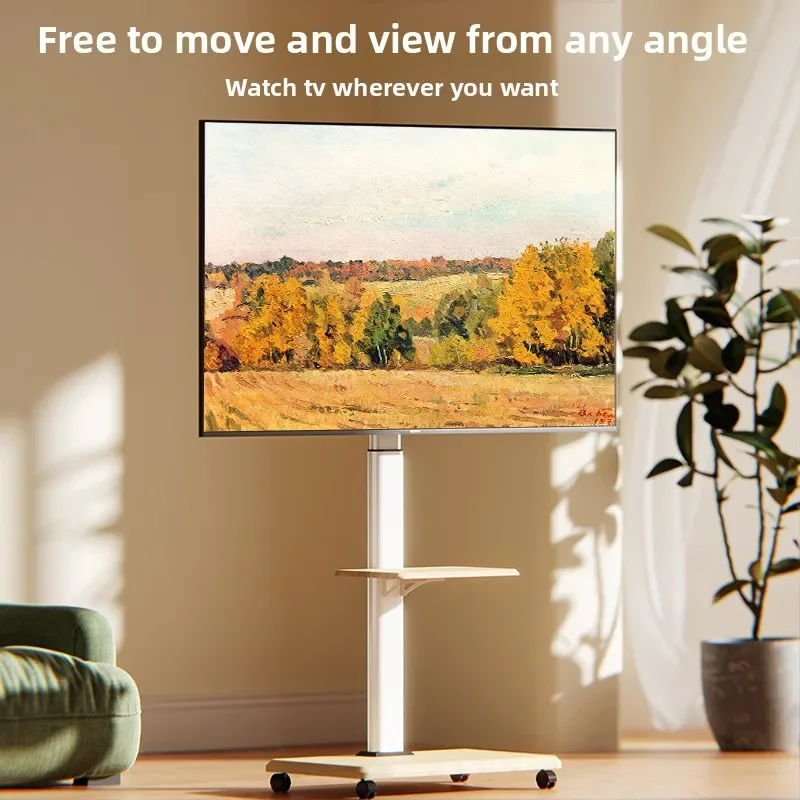Floor TV Mount with Landscape & Portrait Rotation, Mobile Solid Wood Storage TV Cart