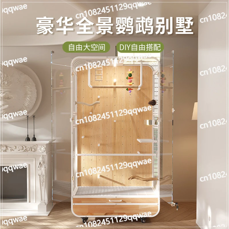 Luxury Solid Wood Parrot Villa Cage, Large Bird Aviary with Panoramic View, Ecological Cabinet DIY Station and Perch Pole