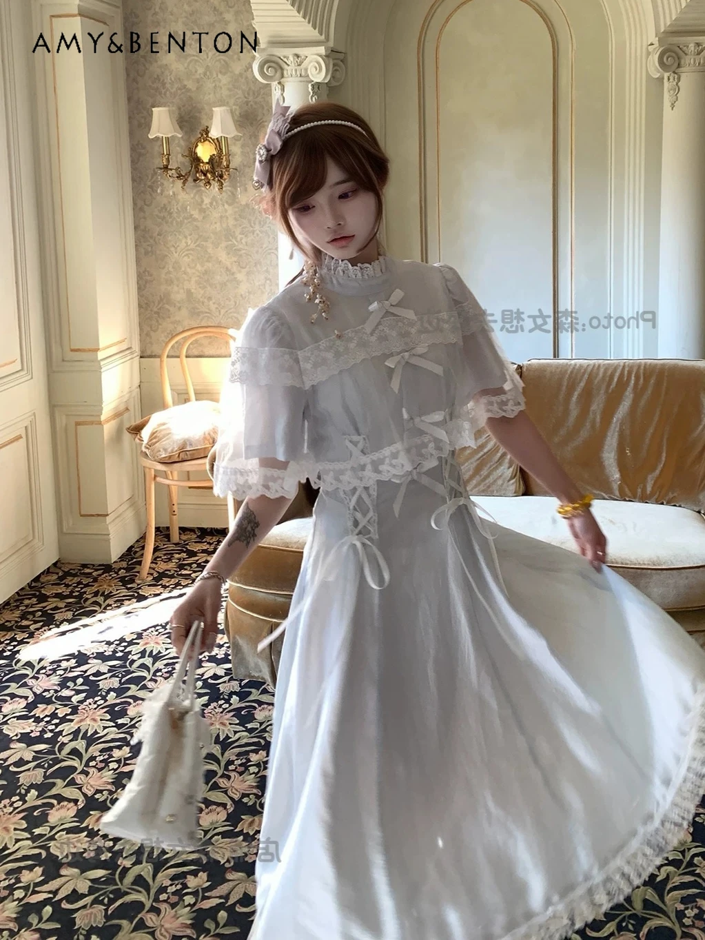 

Spring Summer New Water Color System Temperament Gentle Mine Series Blue Dress Sweet Bow Slim Lace Cape Long Dress for Women