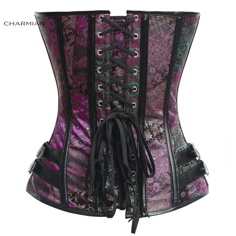 Charmian steampunk corset women Gothic faux leather plus size steel boned overbust bustier corset top brocade Halloween clothing