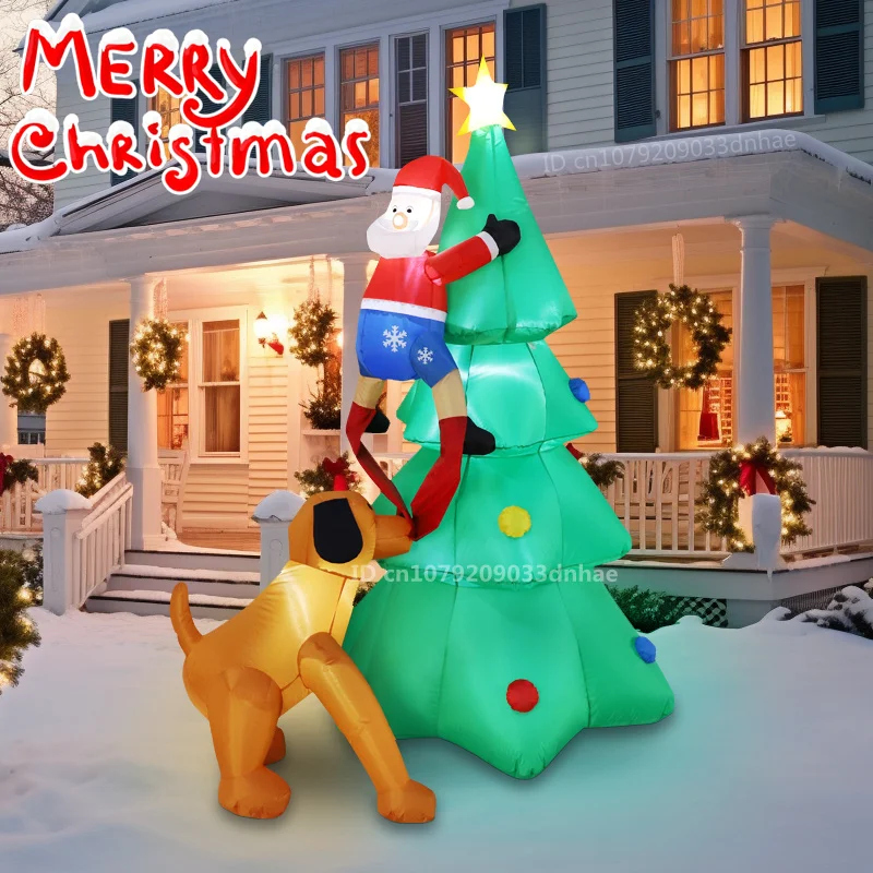 

Christmas Inflatable Model Dog Bites Santa Claus' Christmas Tree built-in LED Lights Courtyard Holiday Garden Lawn Decorations