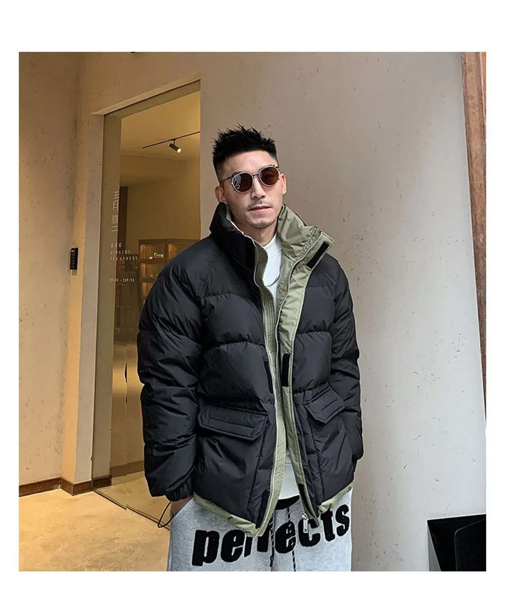 Winter men's down jacket thick match color loose warm coat stand collar Korean version of casual American jacket new trend