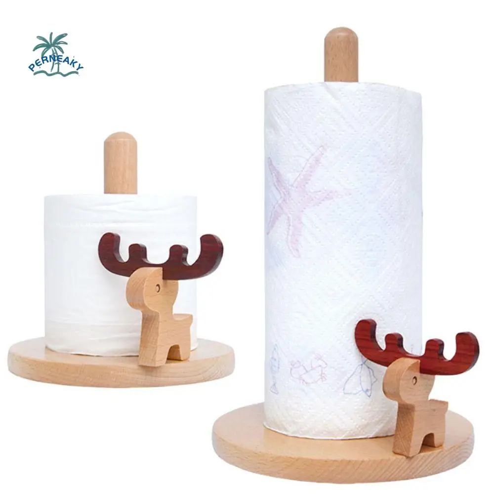 

Solid Wood Cartoon Paper Towel Rack Durable Anti-Skid Wooden Paper Roll Stand Cute Animal Rotate Standing Paper Roll Organizer