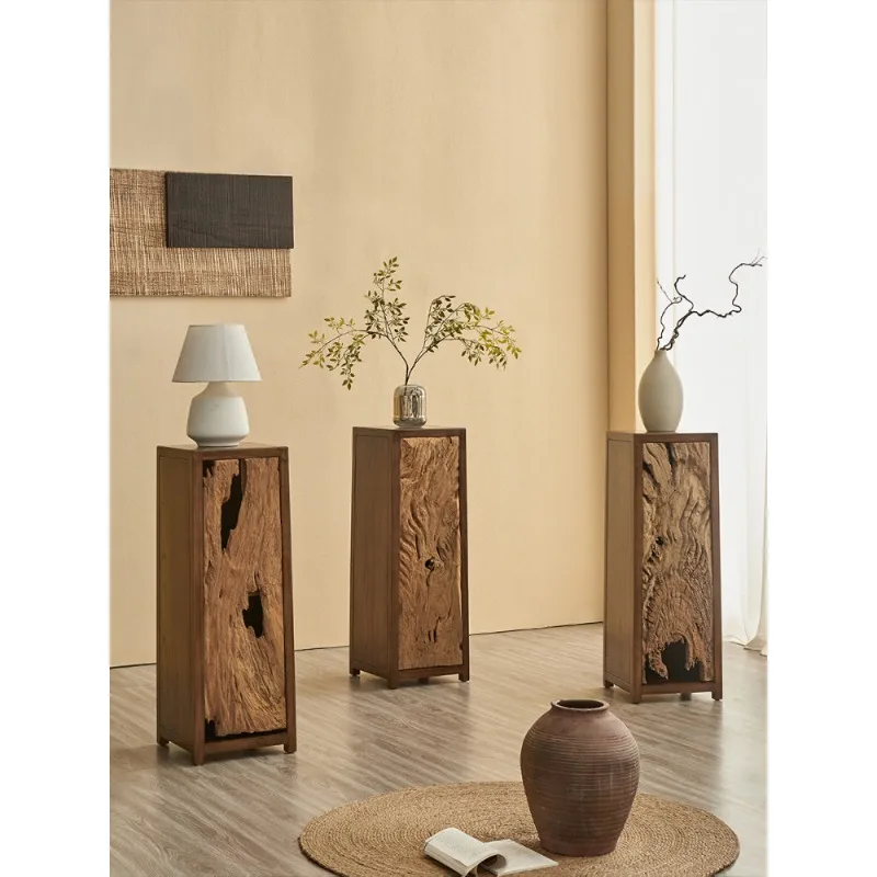 Wabi-sabi wind old wood shelf weathered wood cabinet, light luxury high-end solid wood flower stand flower sides