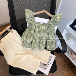 Kids Clothes for 3-7 Years Old Girls Set Baby Plaid Camisole Vest Top + Wide Leg Trousers Two-piece Summer Girls Loose Clothing
