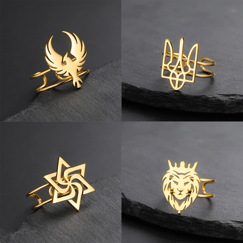Lemegeton Ukraine National Emblem Rings Hexagram Trident Stainless Steel Jewelry Star of David Eagle Lion Open Ring Party Gifts