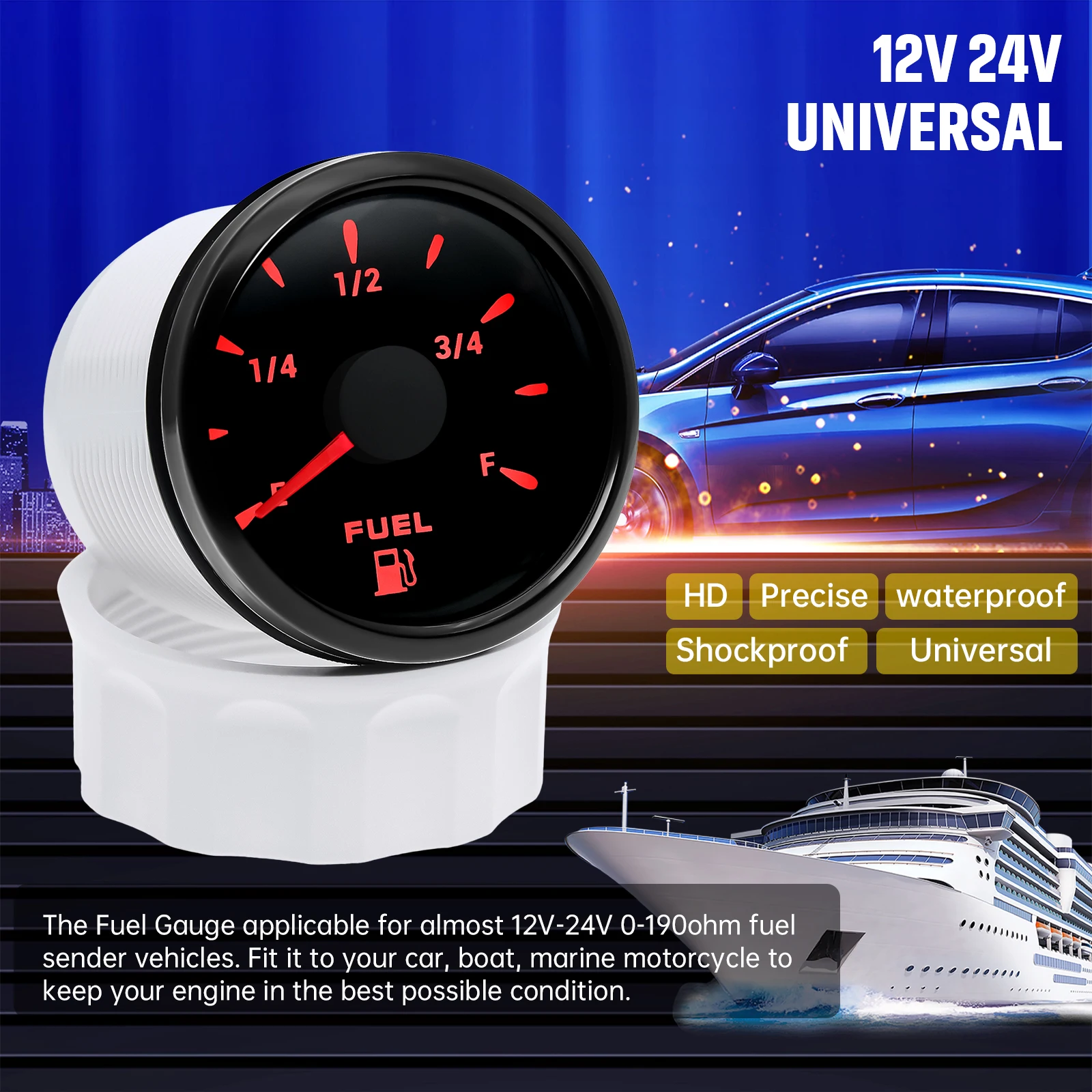 52mm Fuel Level Gauge 0-190 ohm Fuel Level Sensor For Marine Car Boat Yacht Fuel Tank Indicator 7 Color Backlight 12V 24V