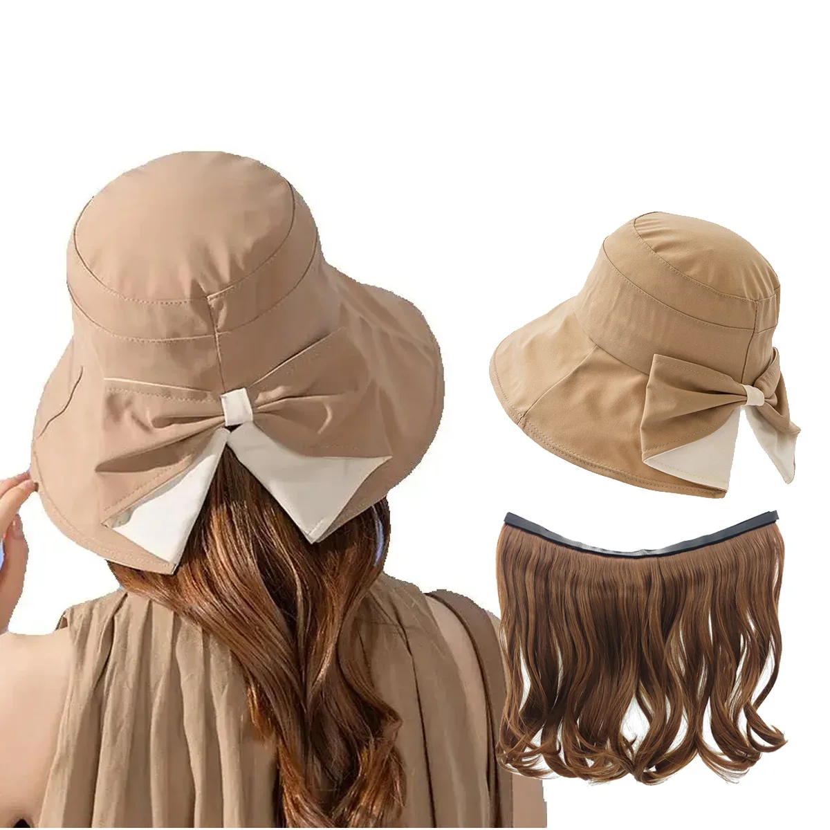 Bucket Hat with Hair Attached for Women,Large Brim Sun Hat,Detachable Long Wavy Blonde Cap Wig ，Wig Hat for Spring and Summer