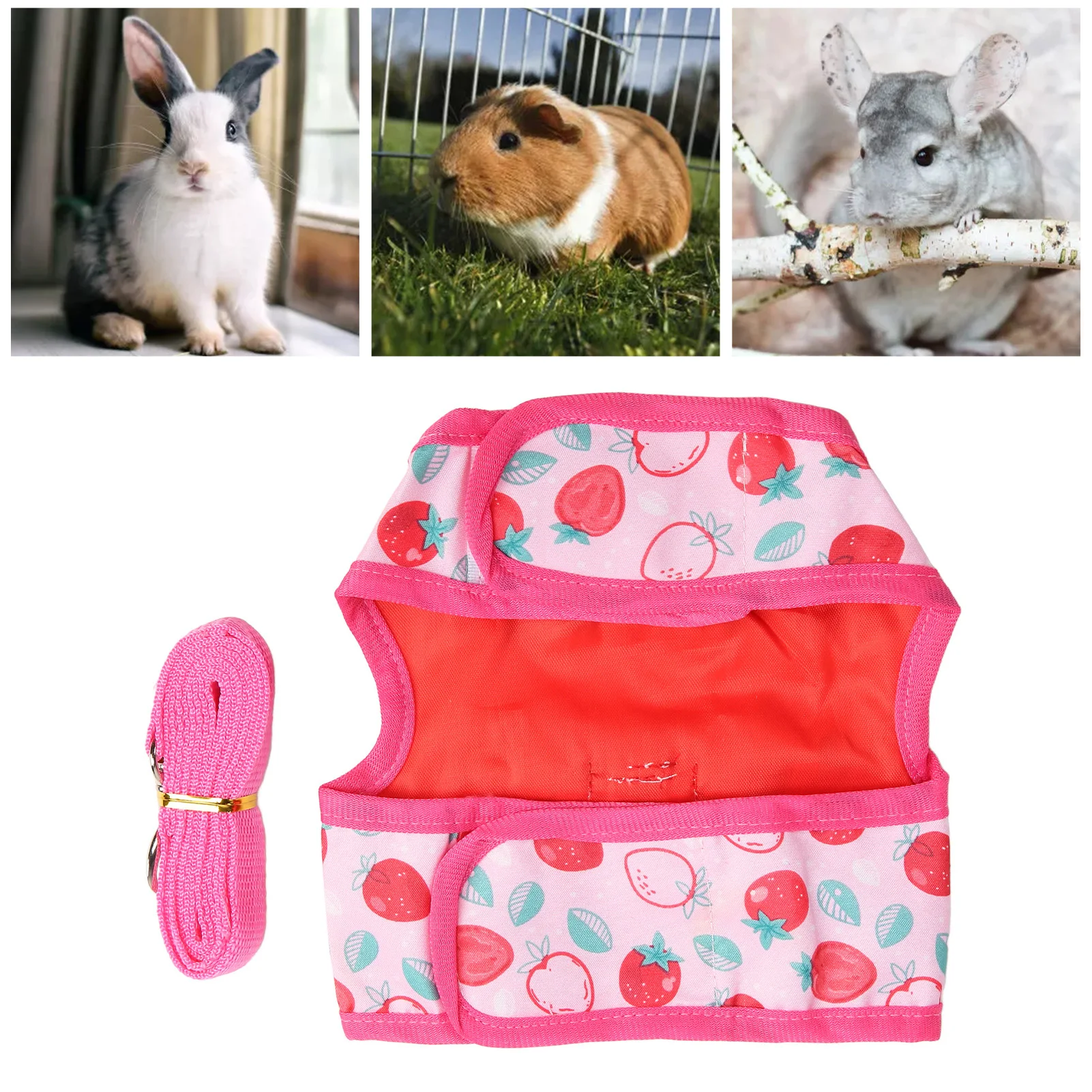 Rabbit Harness Dress Pink Cartoon Strawberry Printing Dyeing Soft Breathable Rabbit Clothes Leash With Tow Rope For Hamster