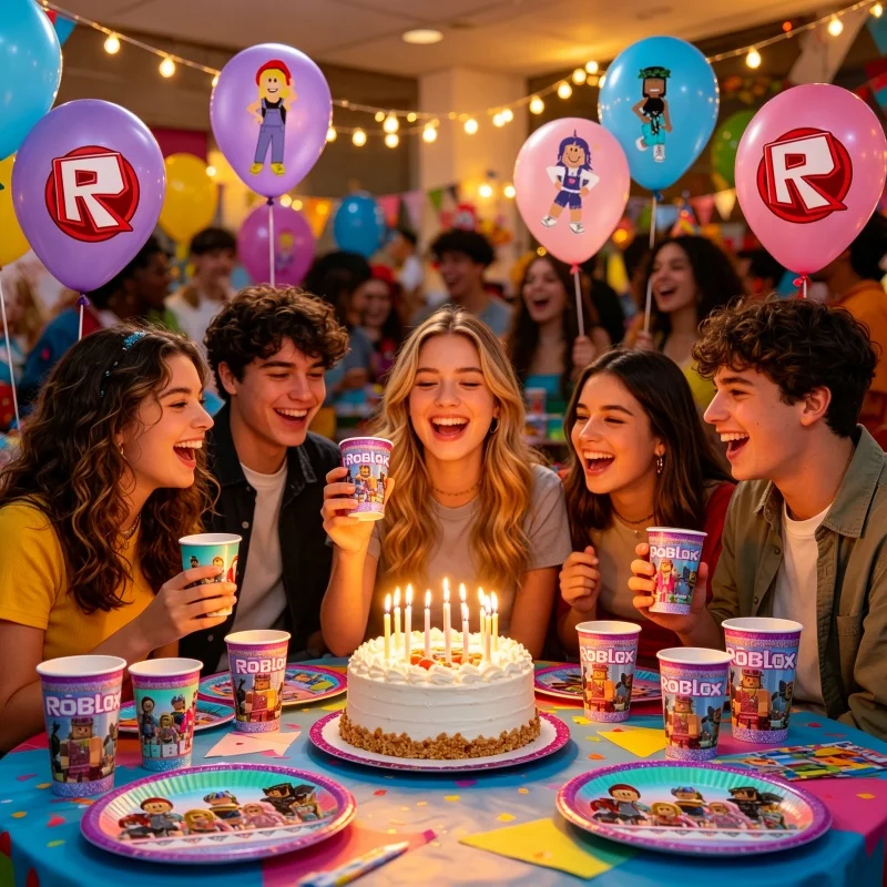 Robloxed Kombinations-Set mit Tassen, Tellern und Luftballons, Einweggeschirr für Geburtstagsfeiern, Festivals, Veranstaltungen und Partys – Detail 2