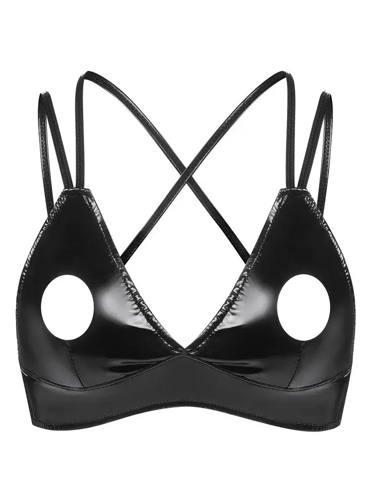 S-3XL Deep V-neck Wet Look PVC Bustier Tank Top Hollow Out Shiny PU Leather Bikini Crop Tops Tights Sexy Croptop Camis Cropped