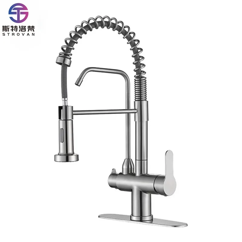 

Stainless Steel Deck Mounted Three Way Two Heads Kitchen Mixer Faucet with Water Filter