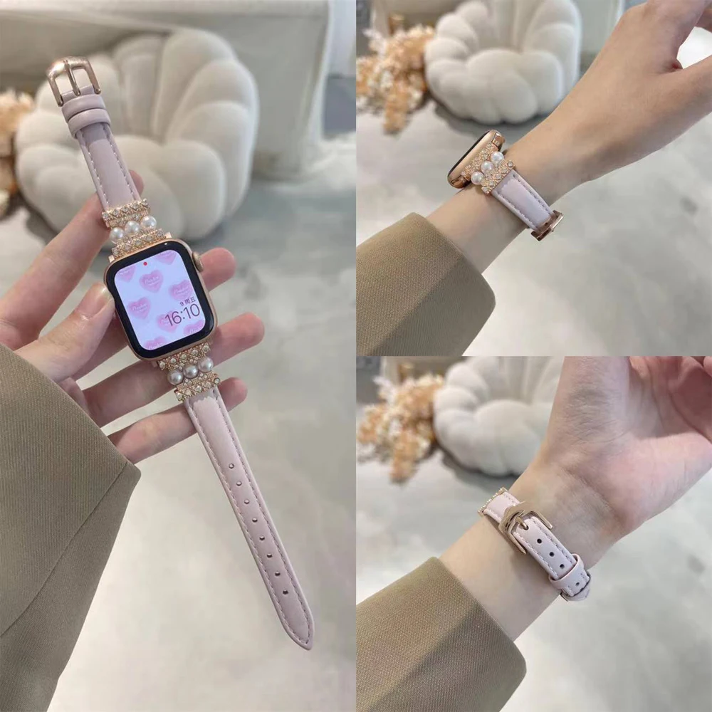 

Кожаный ремешок для Apple Watch Ultra 2 band 44 мм 40 мм 49 мм 45 мм 41/38/42 мм, бриллиантовый браслет Correa iWatch Series 9 8 se 7 6 5 4 3