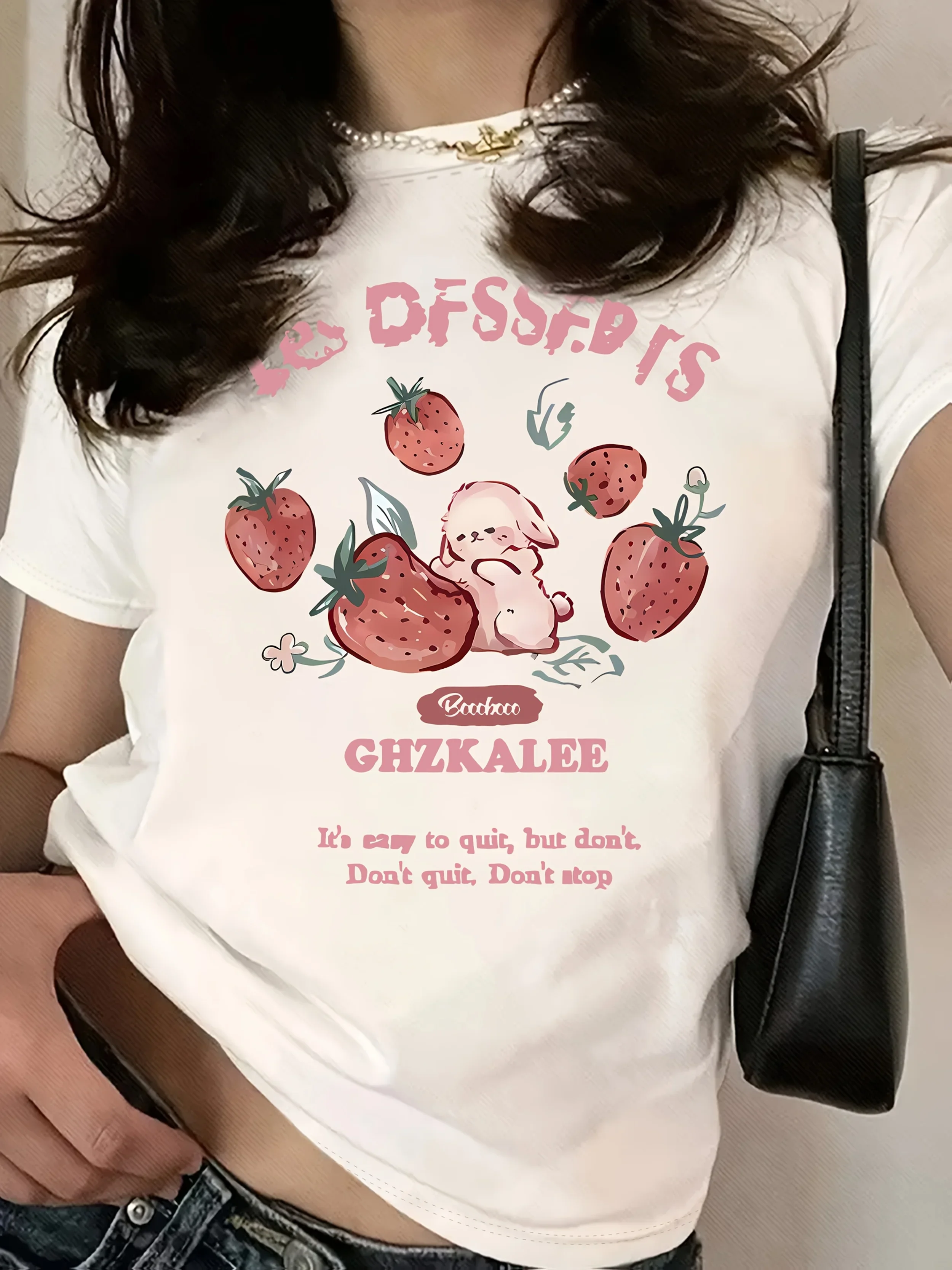 

Pop Vibrant Letters & Strawberries & Rabbits Graphic Print Short Sleeve T-shirt, Casual Crew Neck Top For Spring & Summer