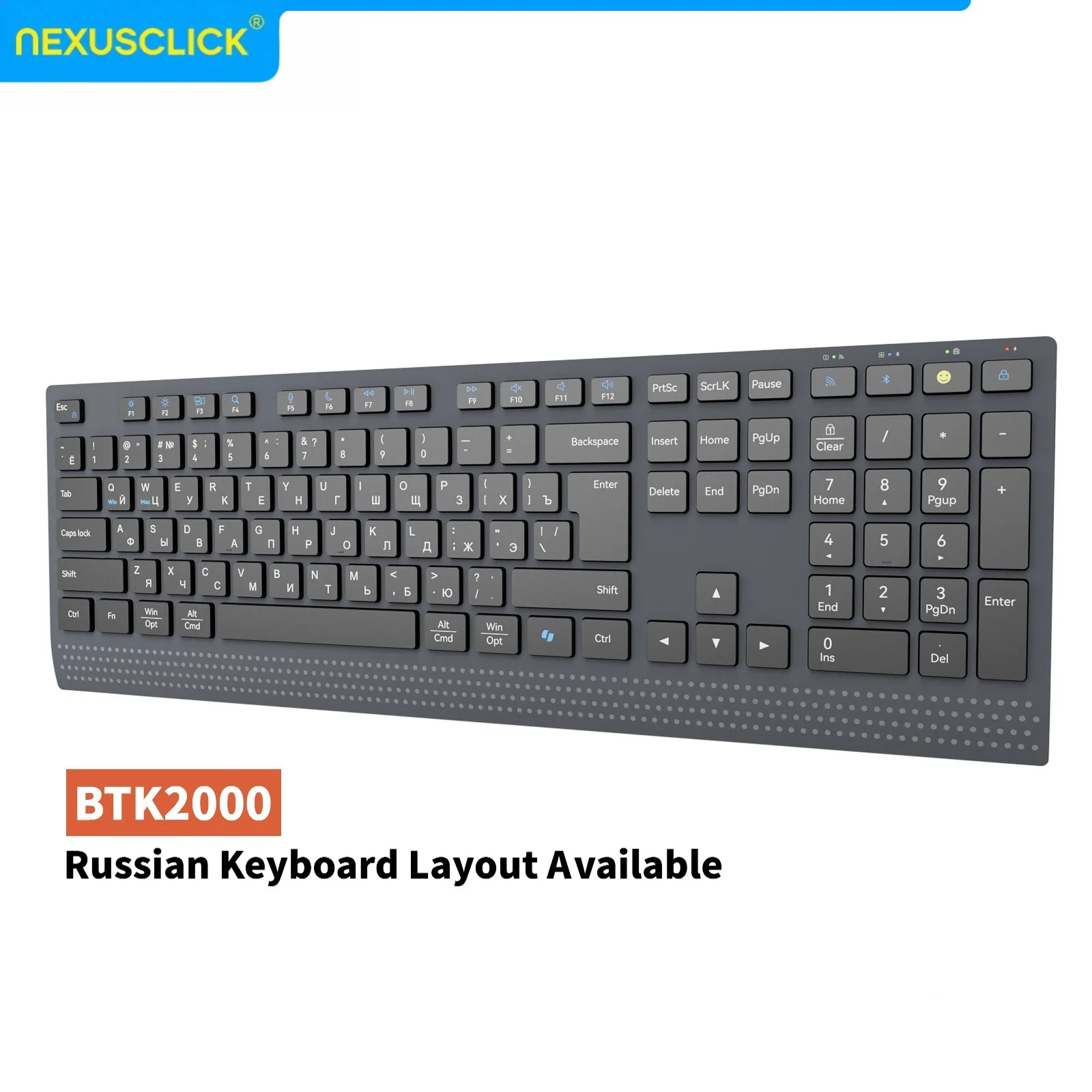 NexusClick Russian/English layout Quiet Wireless Keyboard,Dual Mode 2.4G/BT Rechargeable Durable Keycaps Ergonomic for Office PC