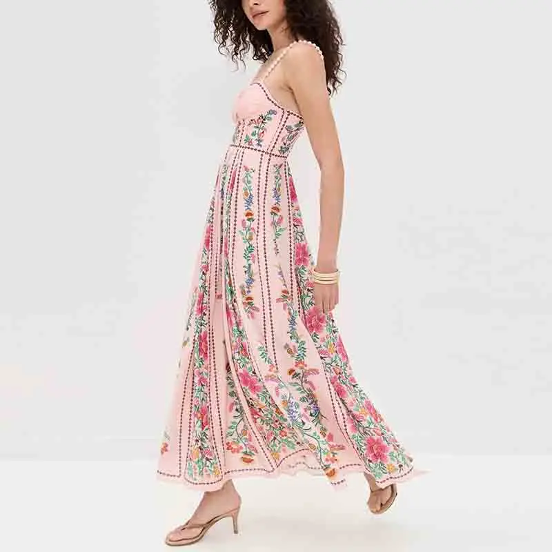 Robes Vintage femme plage vacances sans manches robe longue Boho femmes perle Patchwork a-ligne imprimé fleuri robe de soirée 2025