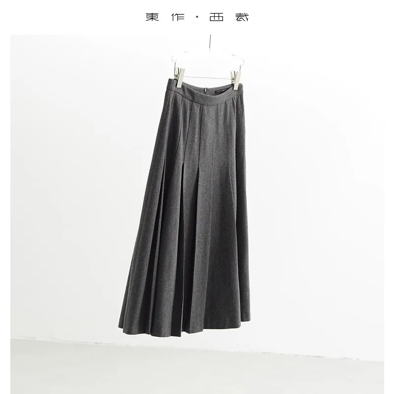 

Autumn French High-Waisted Skirt, Women's Pleated Skirt, Wool Skirt, Slimming and Hip-Covering College Style Long Skirt