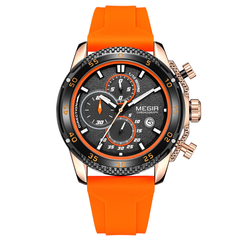 MEGIR Brand Luxury Mens Watches Silicone Strap Luminous Waterproof Sport Quartz Chronograph Military Wristwatch Men Clock Orange