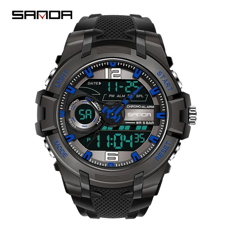 Montre sport à quartz SANDA 6015 pour homme, affichage LED double, montre numérique électronique pour homme, montre-bracelet étanche, résistante aux chocs, militaire