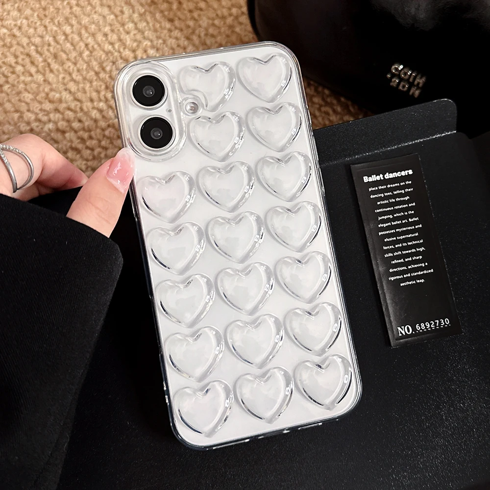 Cute 3D Love Heart Phone Case For iPhone 16 15 14 13 12 11 Pro XS Max XR X 8P Transparent Soft Silicone Shockproof Cover