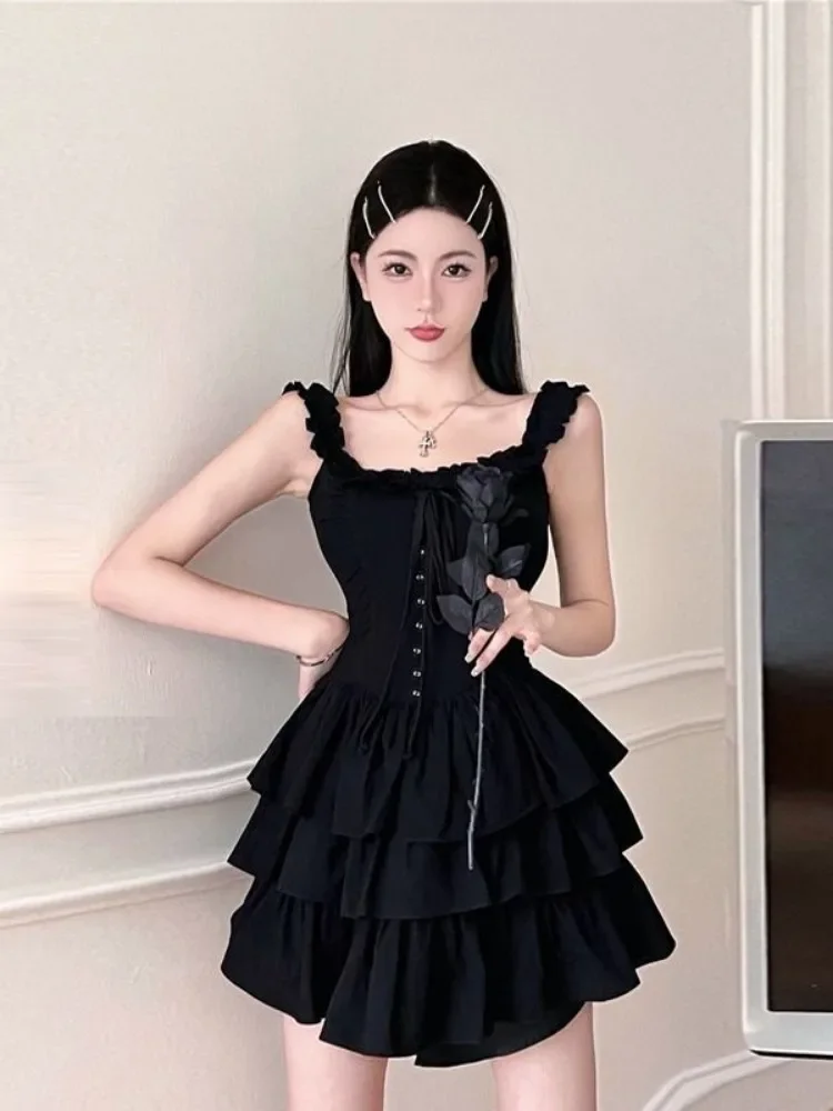 QWEEK 2023 Gothic Lolita Kawaii Slip Dress Soft Girl Goth Harajuku Off Shoulder Backless Sexy Black Ruffles Party Dresses Y2k