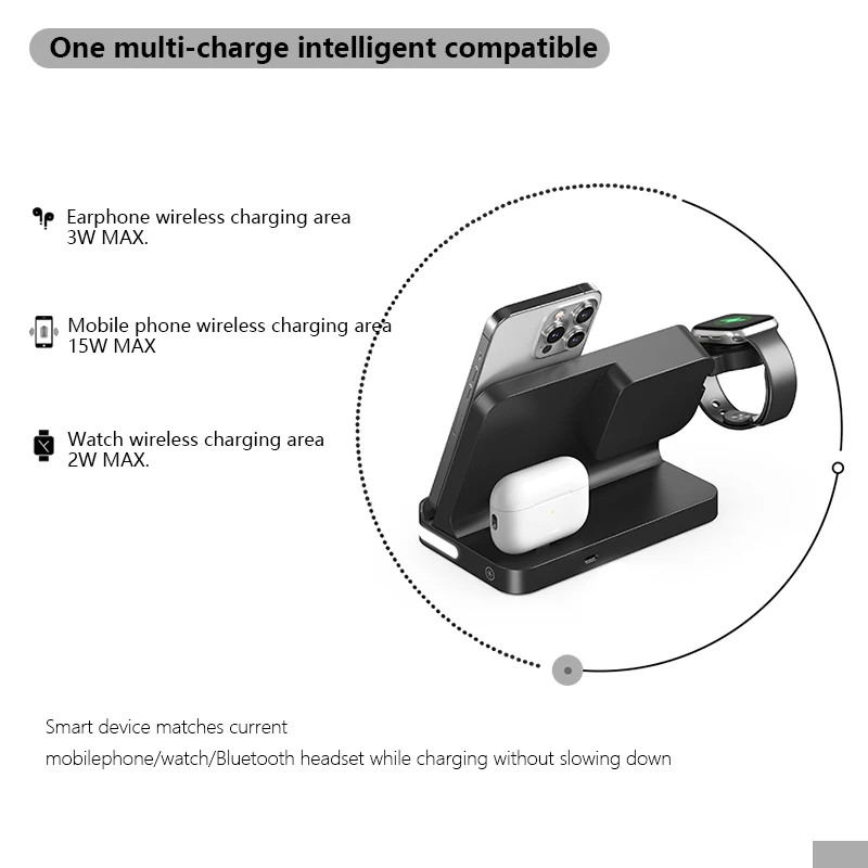 Mobile wireless charger, headphones, and watches can both be charged with clock function