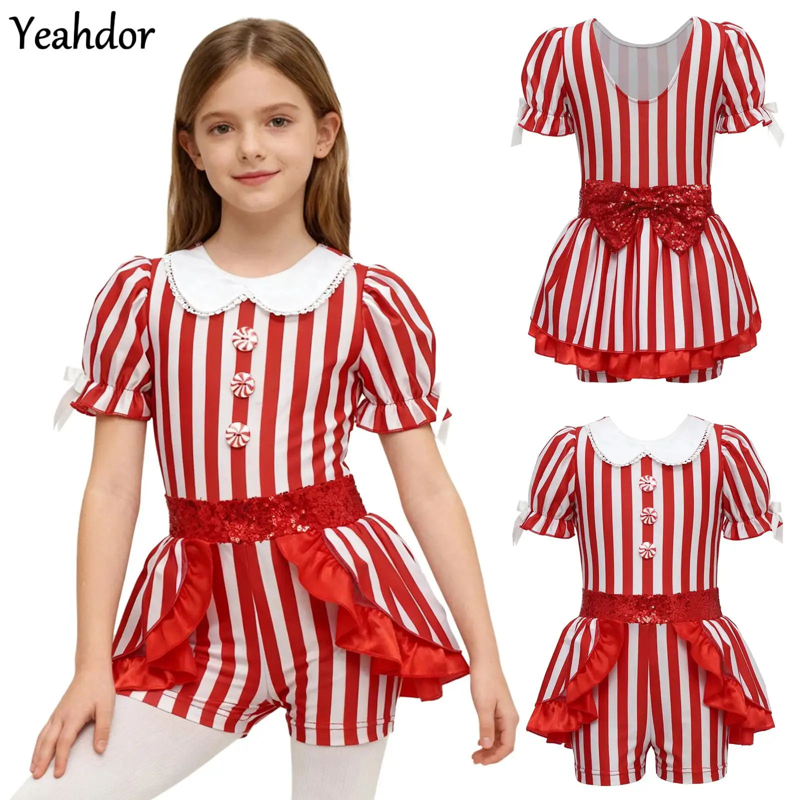 

Girls Christmas Dance Costume Santa Elf Candy Cane Striped Jumpsuit Puffy Sleeve Xmas Sequin Bowknot Ballet Shorty Unitard Dress