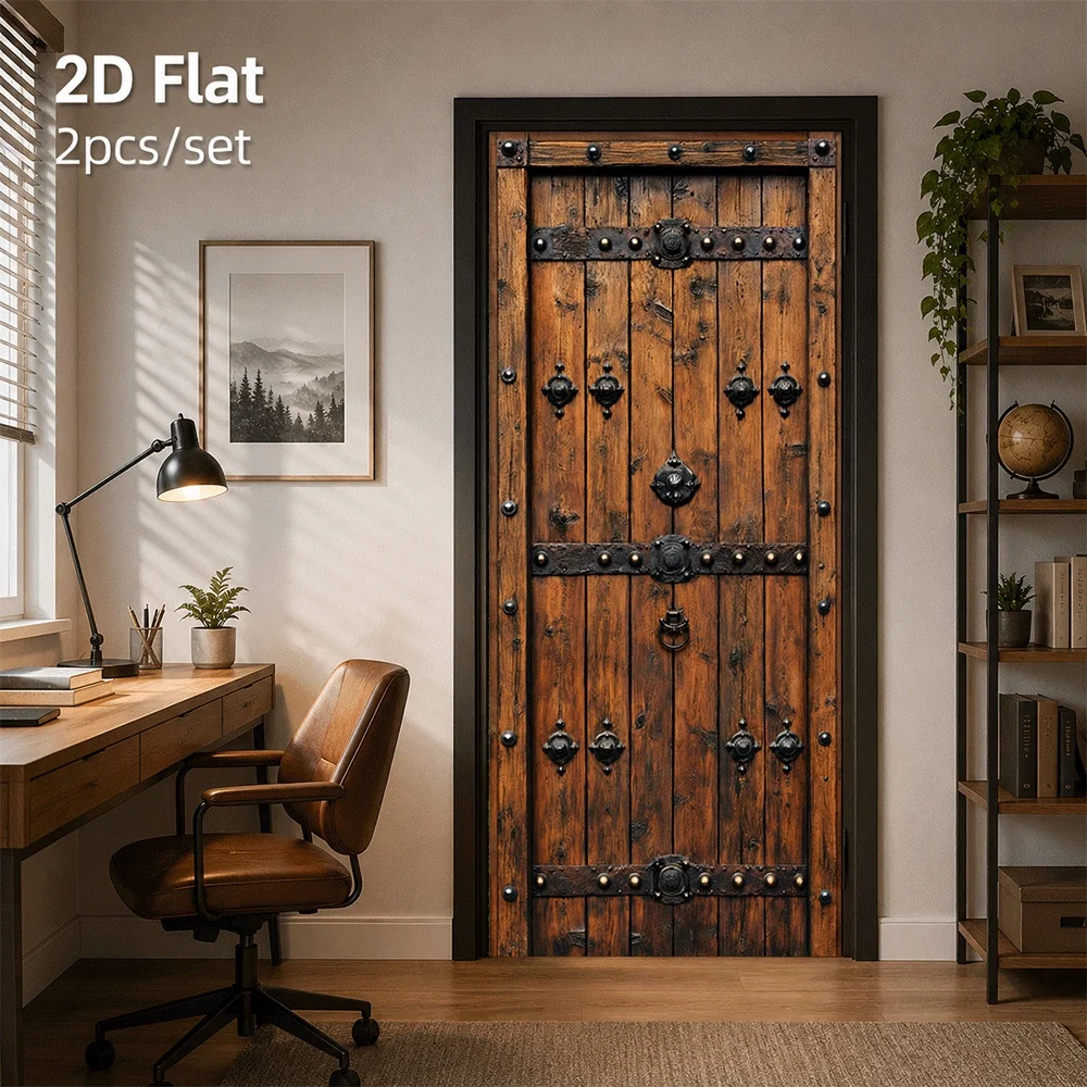 1 piece of vintage antique wooden door with imitation medieval metal rivet decoration, creating a European retro atmosphere 2D p