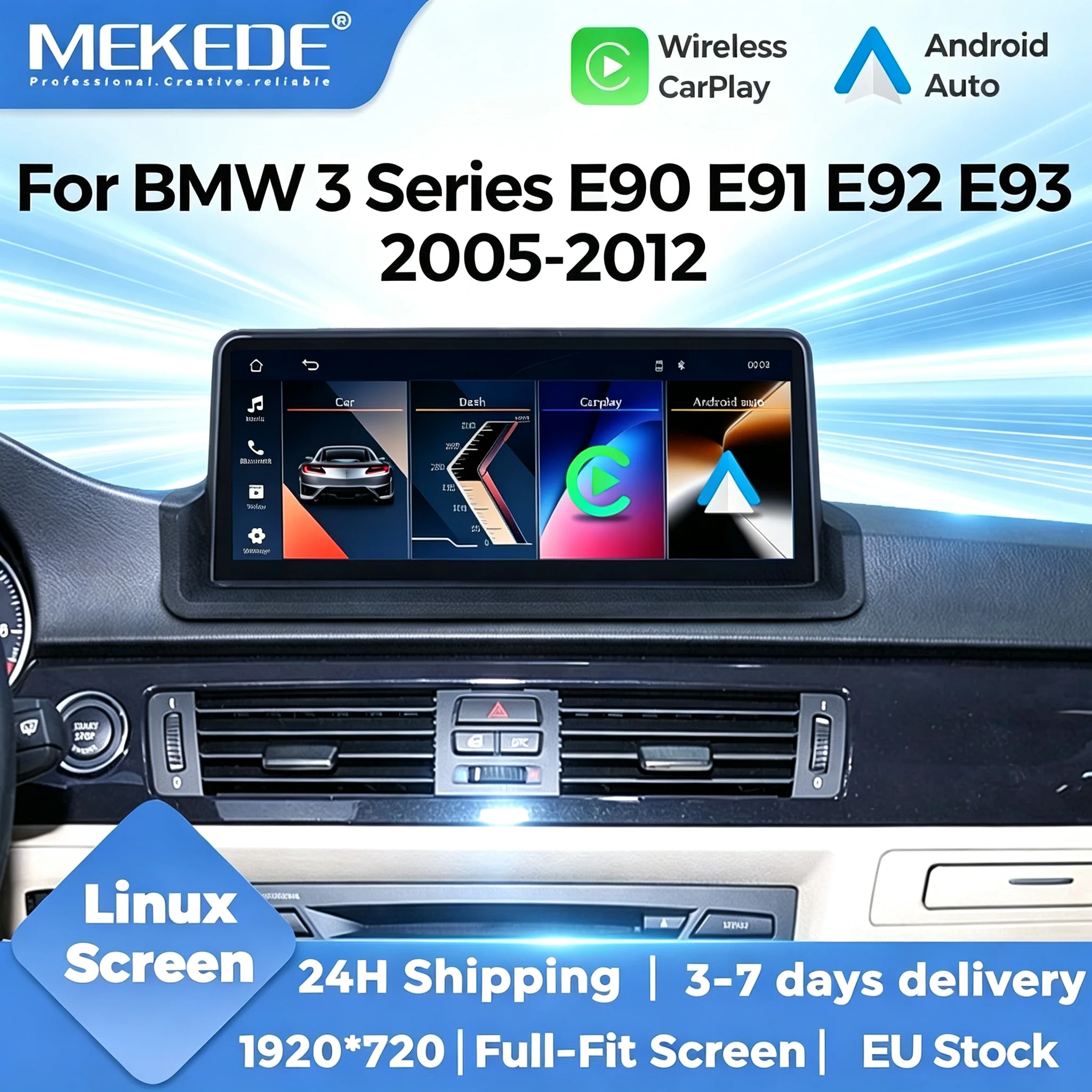 MEKEDE, disponibile in magazzino nell'UE, autoradio da 10,25 pollici con sistema Linux per BMW Serie 3 E90 E91 E92 E93, con WIFI, BT, CarPlay wireless, Android Auto, navigazione GPS, schermo