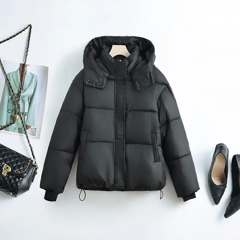 

New Winter Solid Fashion Parkas Down Cotton-padded Hooded Coat Women's Cropped Jacket Thick Cotton Padded Female Overcoat
