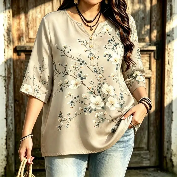 Women Floral Branch Print Blouse Notched Neck 3/4 Sleeve Loose Curvy Fit Casual Ladies Tops Vintage Flower Pattern Shirts