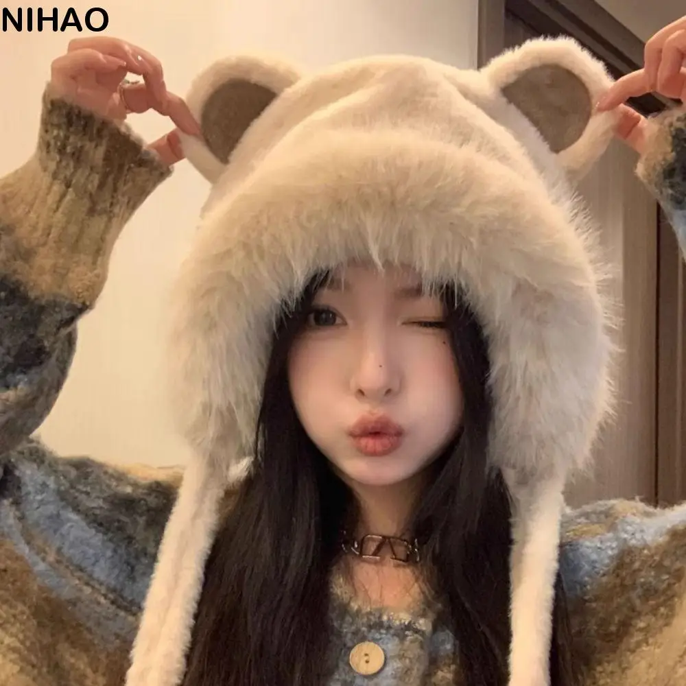 Cappello coreano alla moda con orecchie da orso carino, peluche, caldo, in pelliccia sintetica, cappello da pescatore, casual, da esterno, da donna, soffici, per ragazze