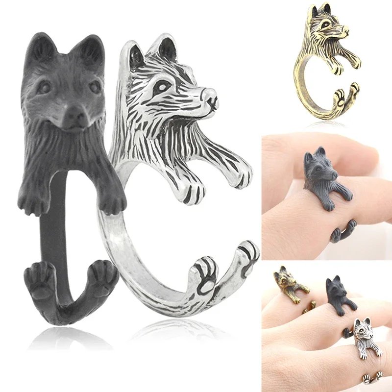 4 Style German Shepherd &Border Collie & Shiba Inu & Akita Dog Wrap Ring for Women Animal Metal Ring Anel Girls Unique Cool Gift