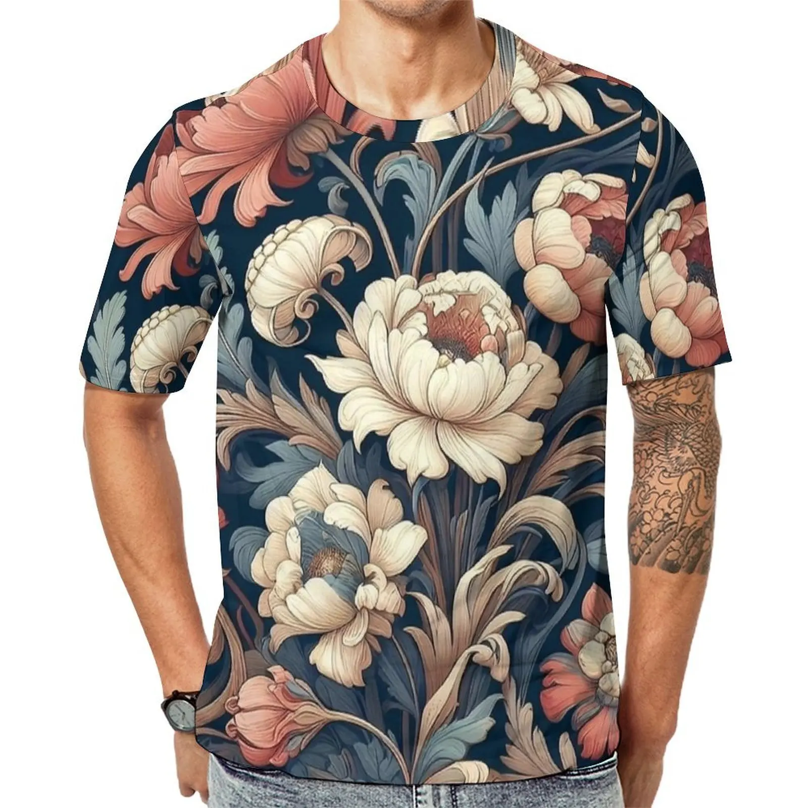 Morandi Vintage Peony Floral T-Shirt  Fashion T-Shirts Male Y2K Fun Tee Shirt Summer Short Sleeves Design Top Tees 4XL 5XL 6XL