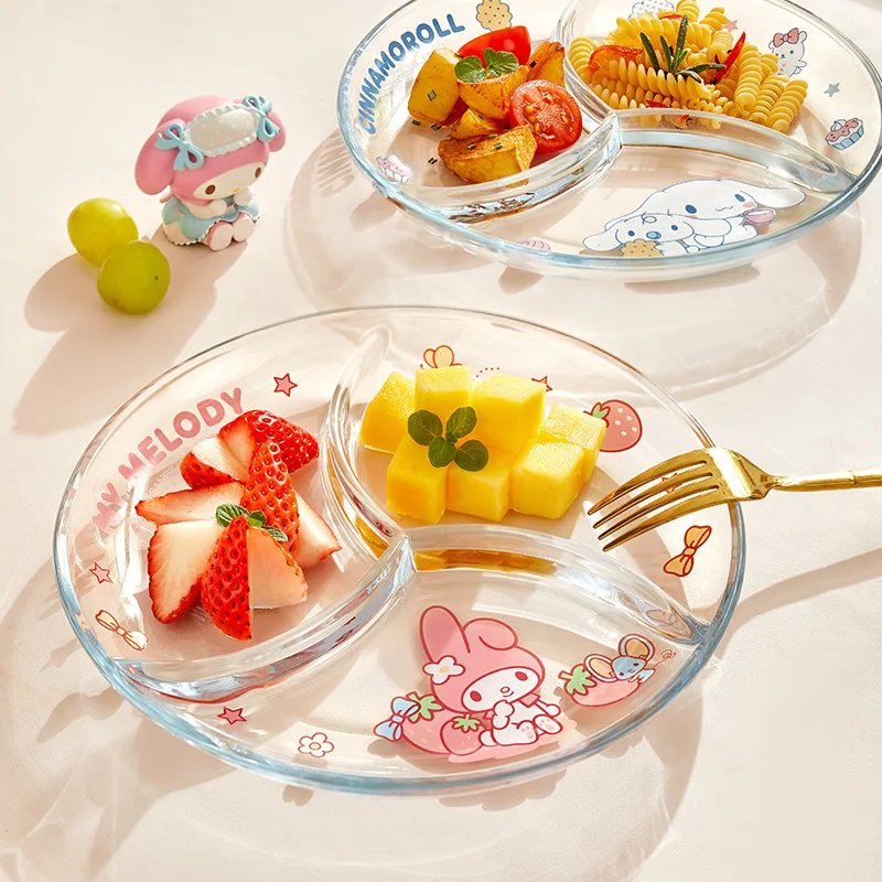 Sanrio Hello Kitty Glass Plate Dish Three Compartment Plate Cute My Melody Cinnamoroll Multi Functional Plate Tableware