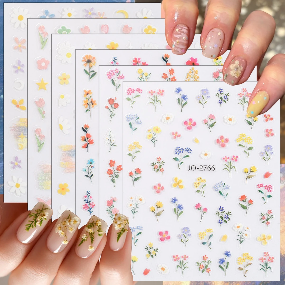 3 bis 18 Blatt 3D Blumen-Nagelaufkleber Frühlingsblumen-Gänseblümchen-Nagelsticker Niedliche Botanische Nageldekorationen für DIY-Maniküre