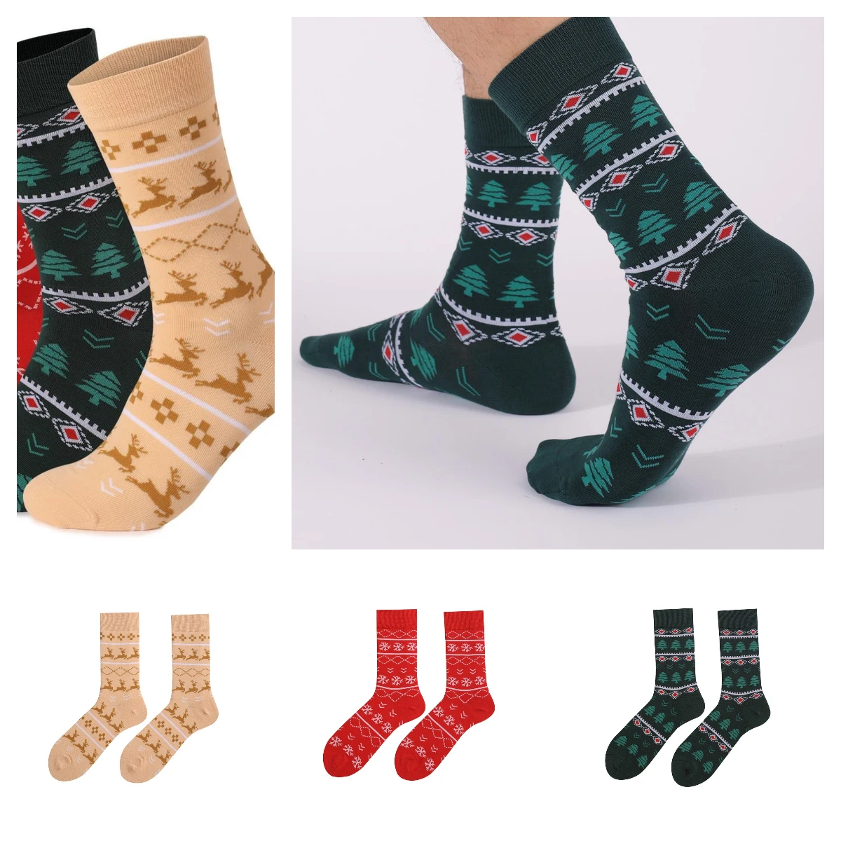 

1 Pair Casual Men Socks Adult Christmas Christmas Tree Snowflake Happy Men Socks Warm Absorbent Odor-Resistant Mid-Calf Socks