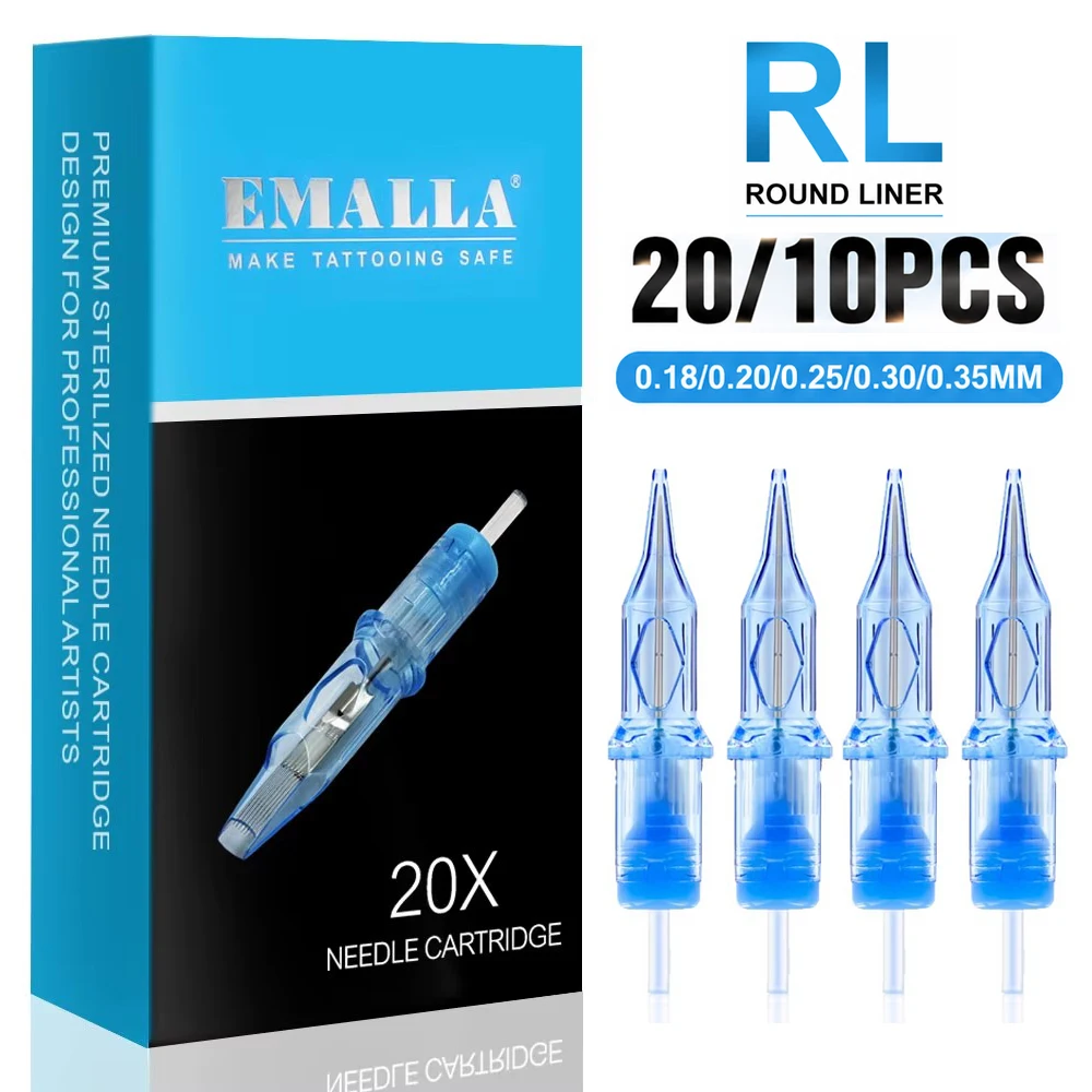 20/10pcs EMALLA Eliot Tattoo Cartridge Needles RL Round Liner Disposable Sterilize Tattoo Needles for Cartridge Machine Supply