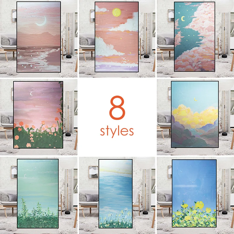 

Japanese Style Oil Painting Window Film Fresh Plants Privacy Protection Static Opaque Stained Glass Films Bathroom Glass Sticker