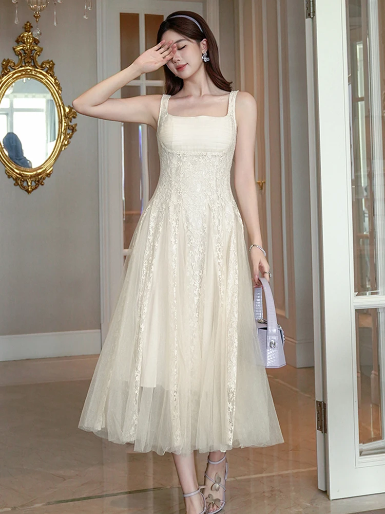 Neue frauen Spitze Tüll Saum Sling Schlank Maxi Kleid Elegante Formale Party Abendkleid Robe Dame Kleidung Süße Vestidos Fiesta urlaub