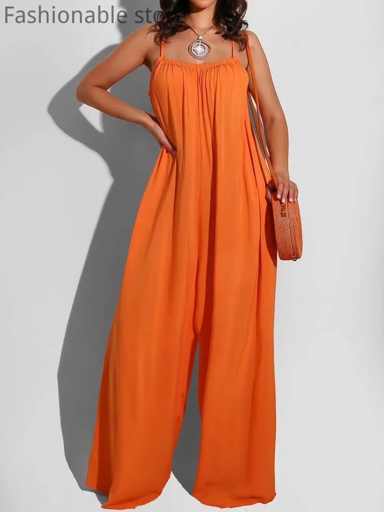 Women Solid Color Casual Loose Camisole Wide Leg Jumpsuits