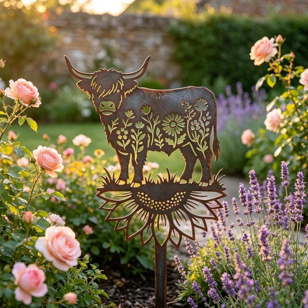 Vintage Iron Highland Cow Garden Sign Metal Silhouette Stake Outdoor Backyard Decoration Landscape Ornament