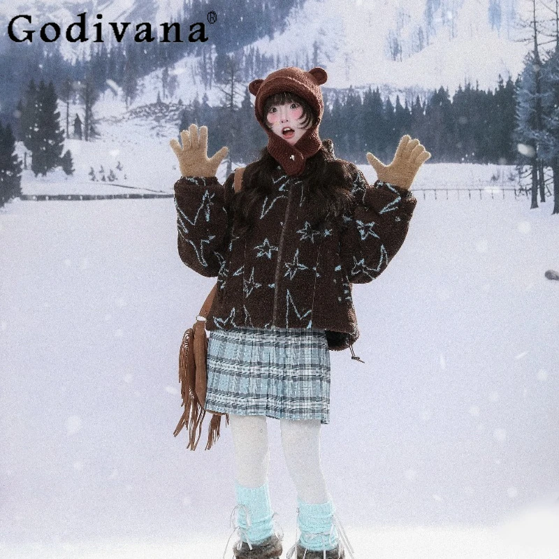

Scarf Lamb Wool Star Cotton Jacket for Women Winter Japanese Style Warm Cotton Coat Female High Street Loose Parkas Coat