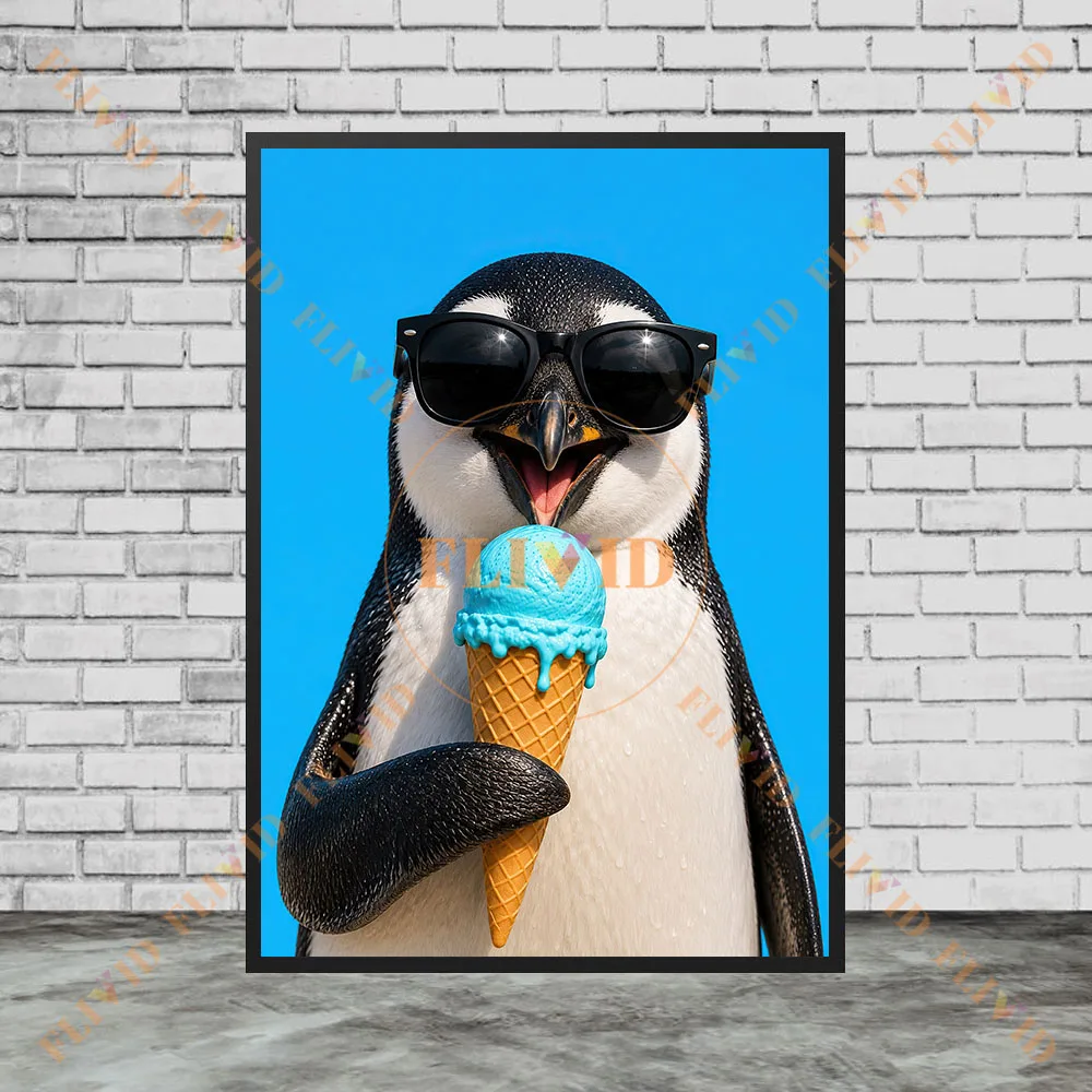 Colorful Cute Animal Ice Cream Wall Art Print, Cool Animals Wear Sunglasses Poster, Funny Tiger Husky Penguin Canvas Painting